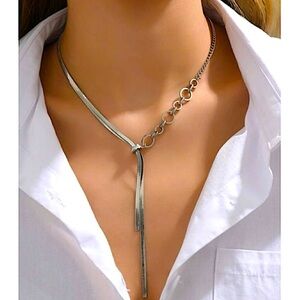 Y Lariat Sterling Silver Chain Link Herringbone Flat Handmade Choker Necklace